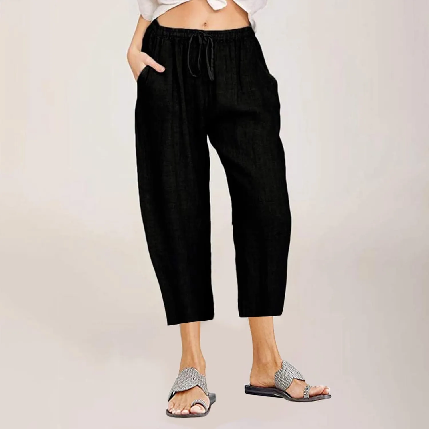 yardsong Linen Capris for Women Summer Casual Loose Fit Cropped Pants Drawstring Elastic Waist Lounge Pant with Pockets