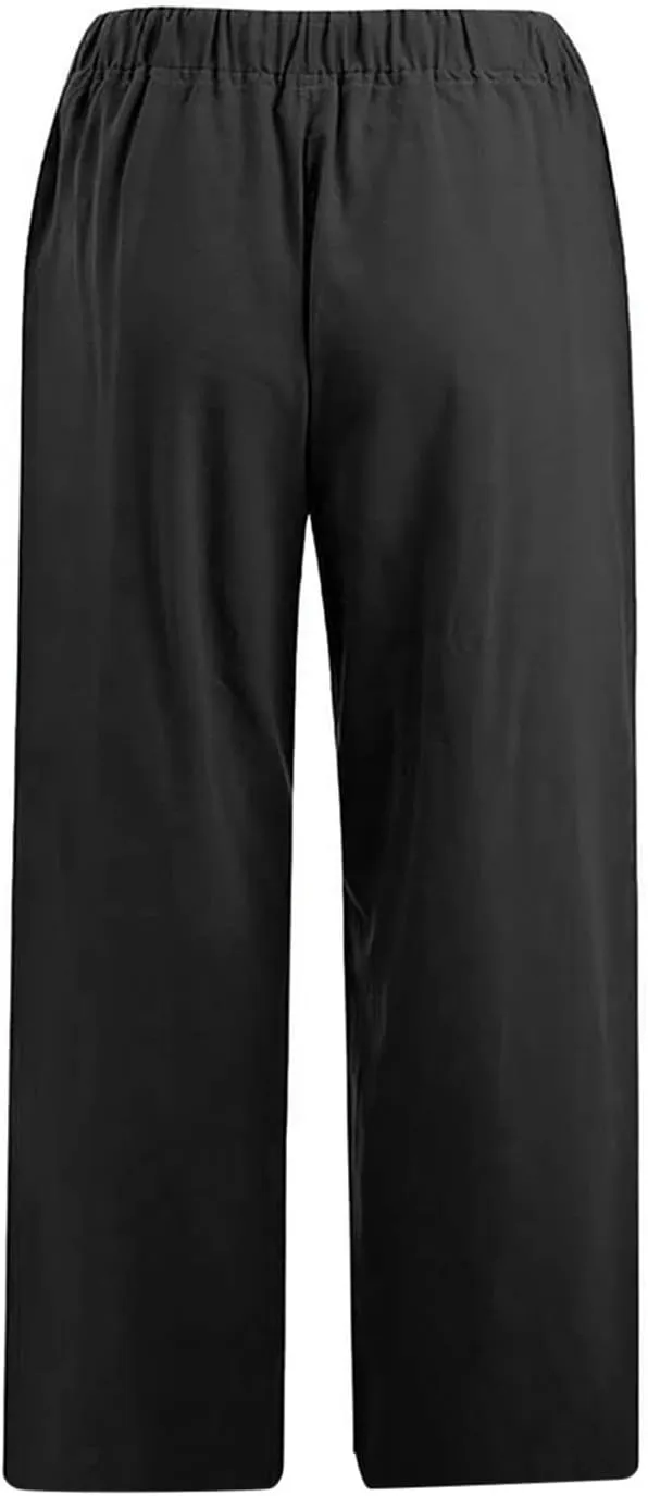yardsong Linen Capris for Women Summer Casual Loose Fit Cropped Pants Drawstring Elastic Waist Lounge Pant with Pockets