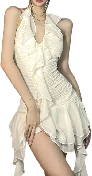Yoskog Women 3D Flowers Mini Dress Sexy Sleeveless Ruffle Ruched Slim Fit Short Dress Irregular Hem Summer Dress