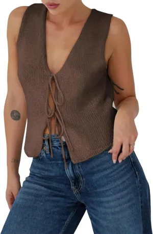Yousify Womens Sweater Vests Tie Front Knit Vest Summer Ribbed Tank Tops Y2k Cute Vests Fashion Casual Sleeveless Tops