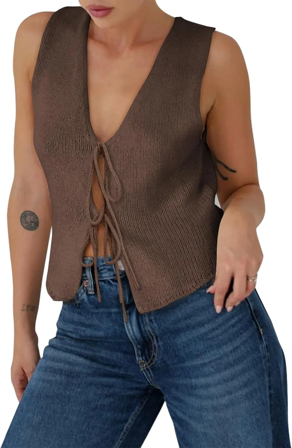 Yousify Womens Sweater Vests Tie Front Knit Vest Summer Ribbed Tank Tops Y2k Cute Vests Fashion Casual Sleeveless Tops