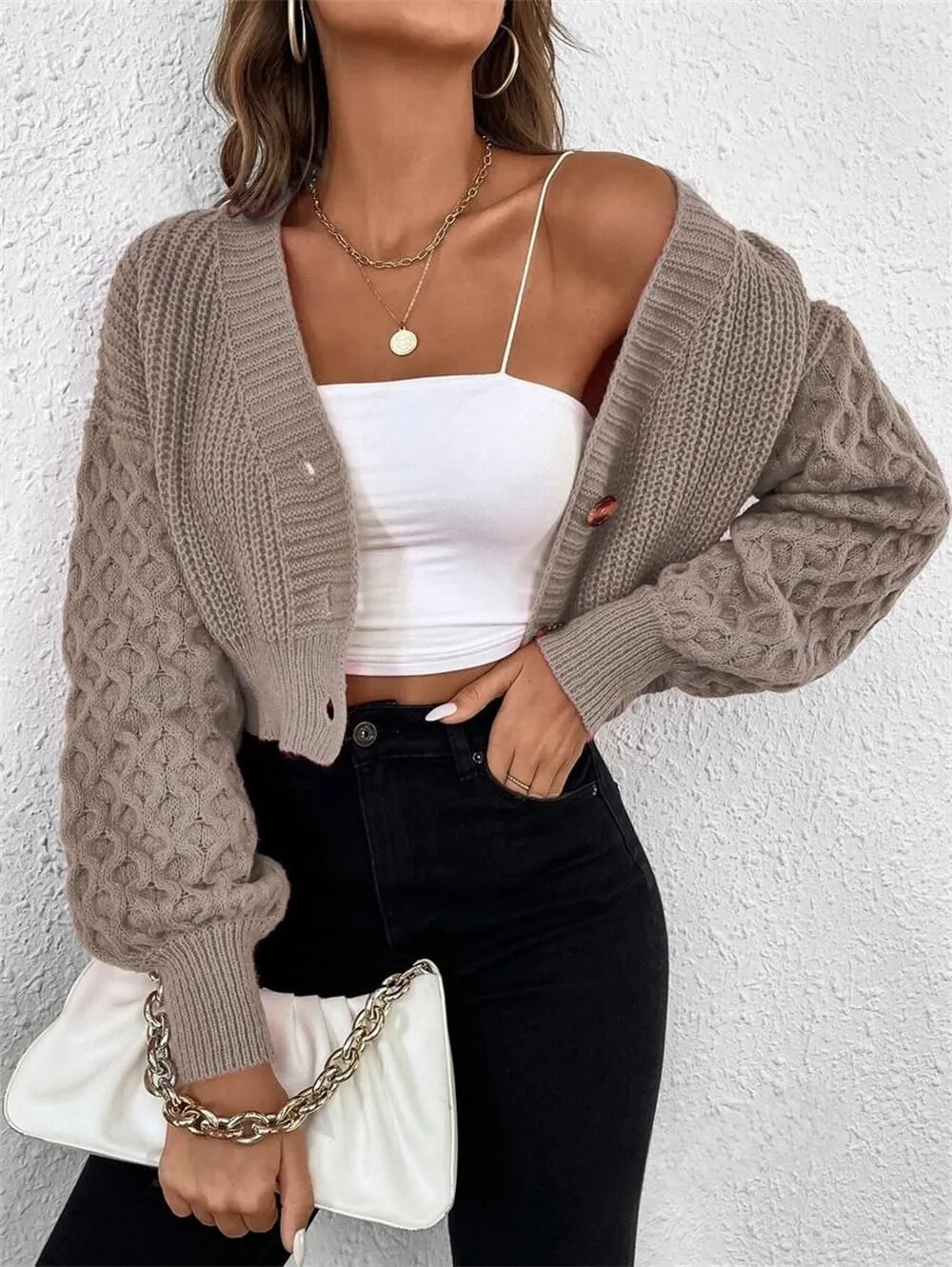 ZAFUL Women's Oversized Cardigans Sweaters Striped Textured V Neck Long Sleeve Button Down Knit Winter Sweater Top