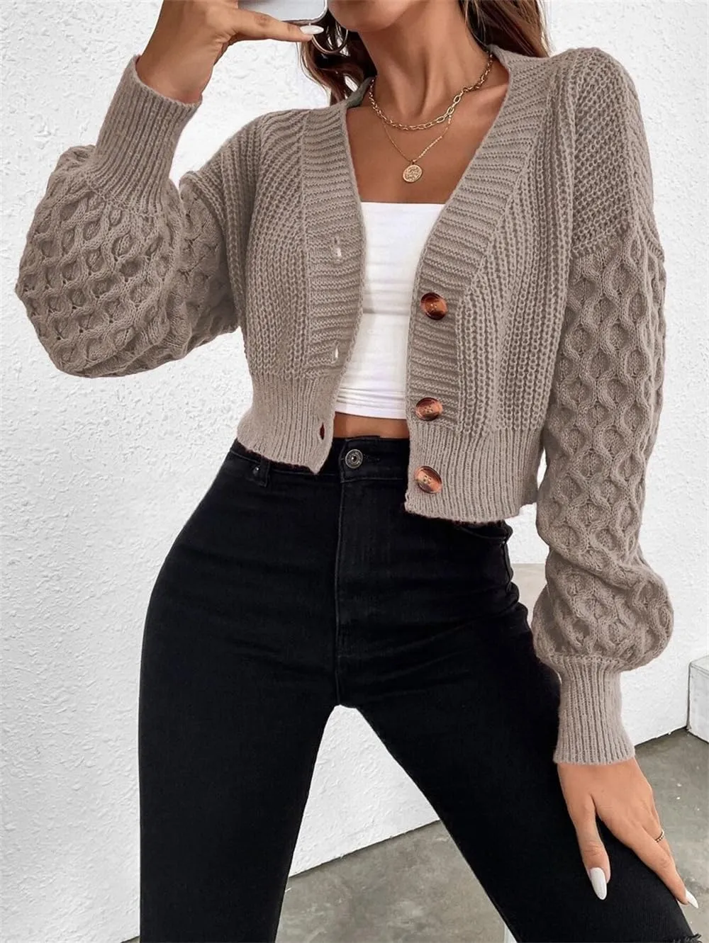 ZAFUL Women's Oversized Cardigans Sweaters Striped Textured V Neck Long Sleeve Button Down Knit Winter Sweater Top
