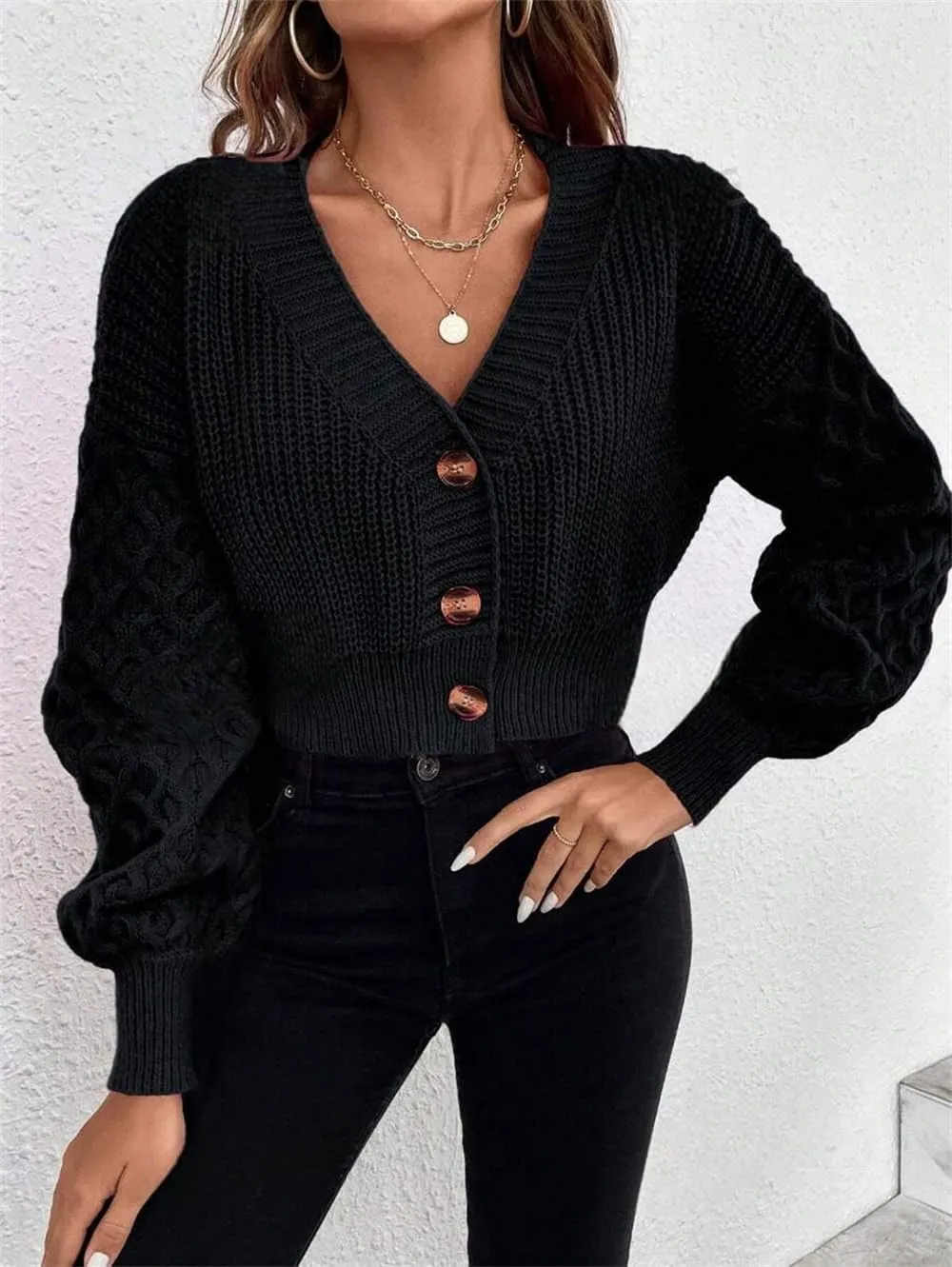 ZAFUL Women's Oversized Cardigans Sweaters Striped Textured V Neck Long Sleeve Button Down Knit Winter Sweater Top