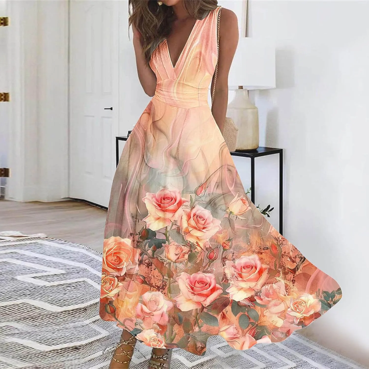 ZDRZK Women's Casual Dresses Sleeveless Wrapped Chest Maxi Dresses Marble Print Sexy Flowy Summer Dresses Trendy 2024