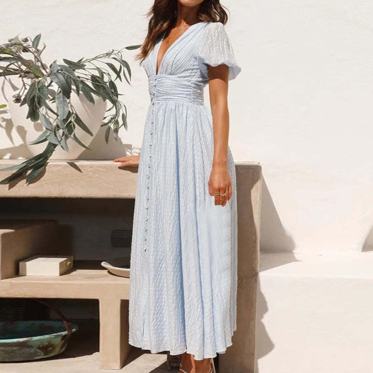 ZDRZK Womens Sundresses Puff Short Sleeve V Neck Empire Waist A-Line Maxi Dresses Decoration Button Casual Summer Dress