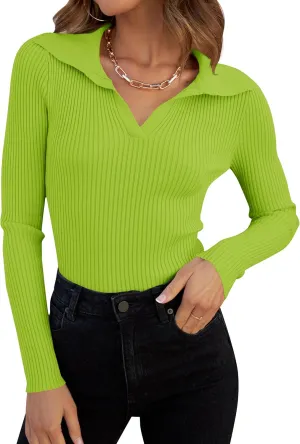 ZESICA Sweaters for Women Spring Long Sleeve V Neck Ribbed Knit Pullover Tops Casual Slim Fit Basic Tee Shirts