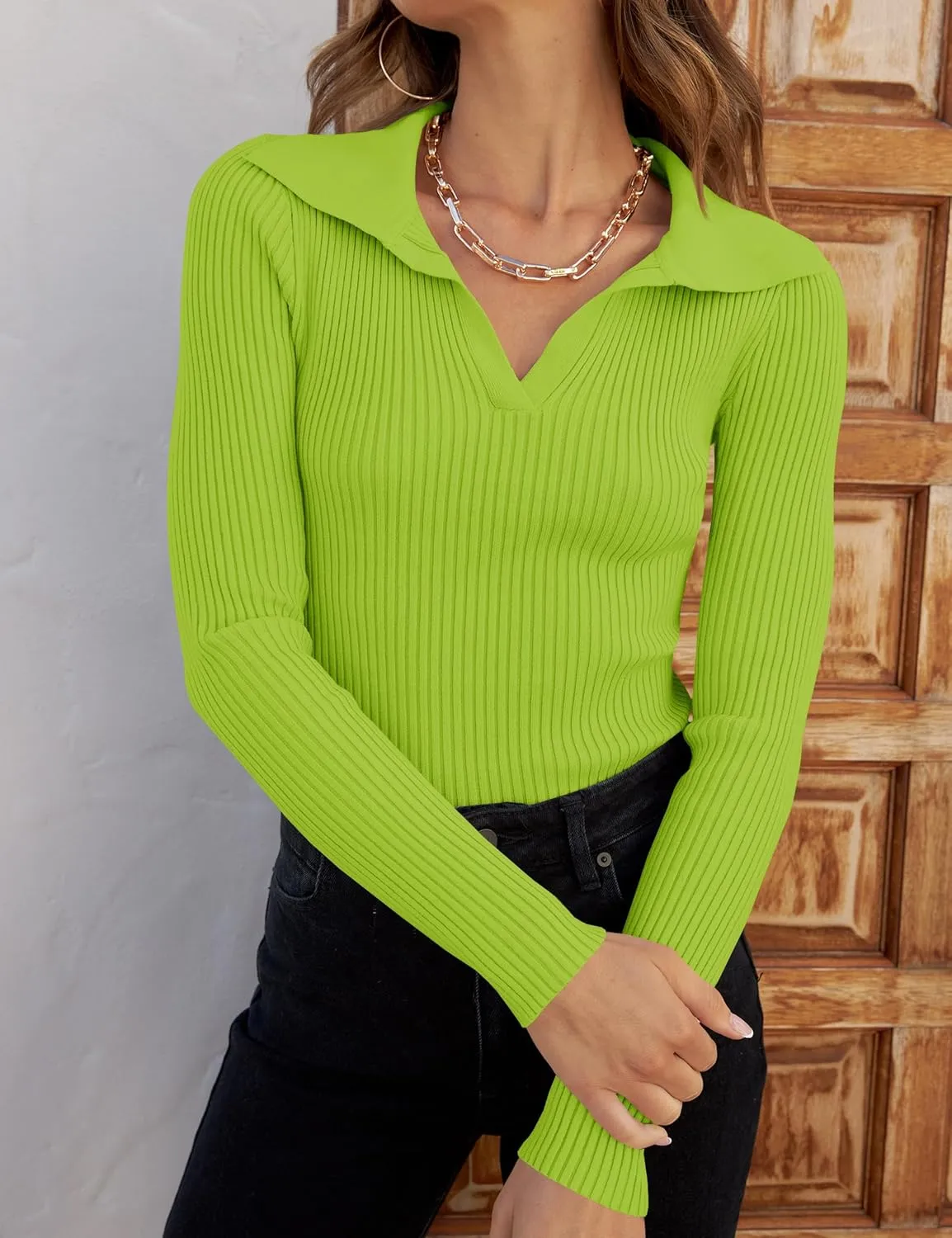 ZESICA Sweaters for Women Spring Long Sleeve V Neck Ribbed Knit Pullover Tops Casual Slim Fit Basic Tee Shirts