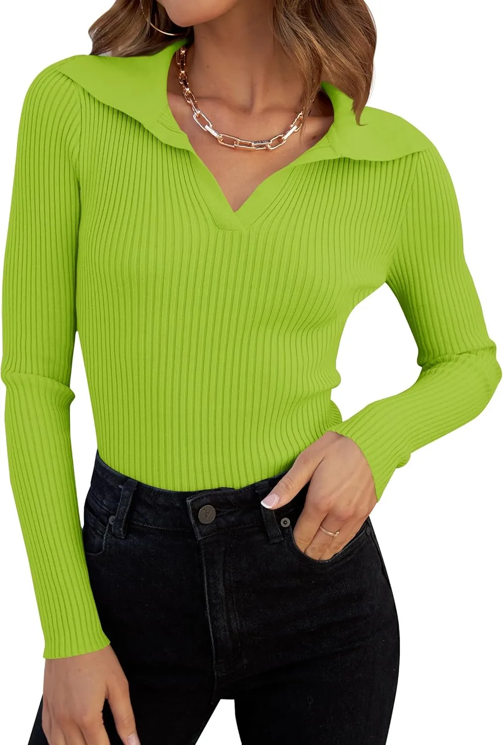 ZESICA Sweaters for Women Spring Long Sleeve V Neck Ribbed Knit Pullover Tops Casual Slim Fit Basic Tee Shirts