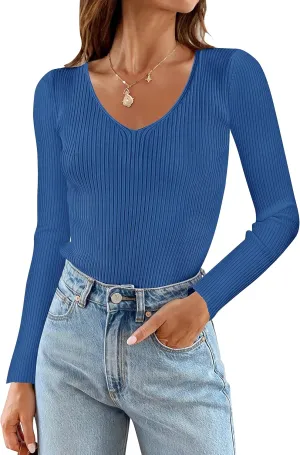 ZESICA Women's Fall Long Sleeve V Neck T Shirts Ribbed Knit Sweater Slim Fit Solid Basic Casual Tee Tops