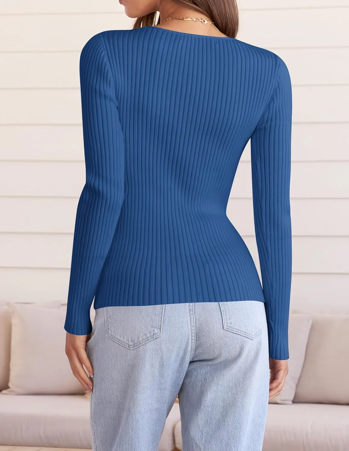 ZESICA Women's Fall Long Sleeve V Neck T Shirts Ribbed Knit Sweater Slim Fit Solid Basic Casual Tee Tops