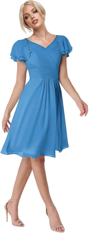 Zoghoo V Neck Bridesmaid Dresses for Women Short Wedding Guest Dress with Sleeves Chiffon Formal Gown