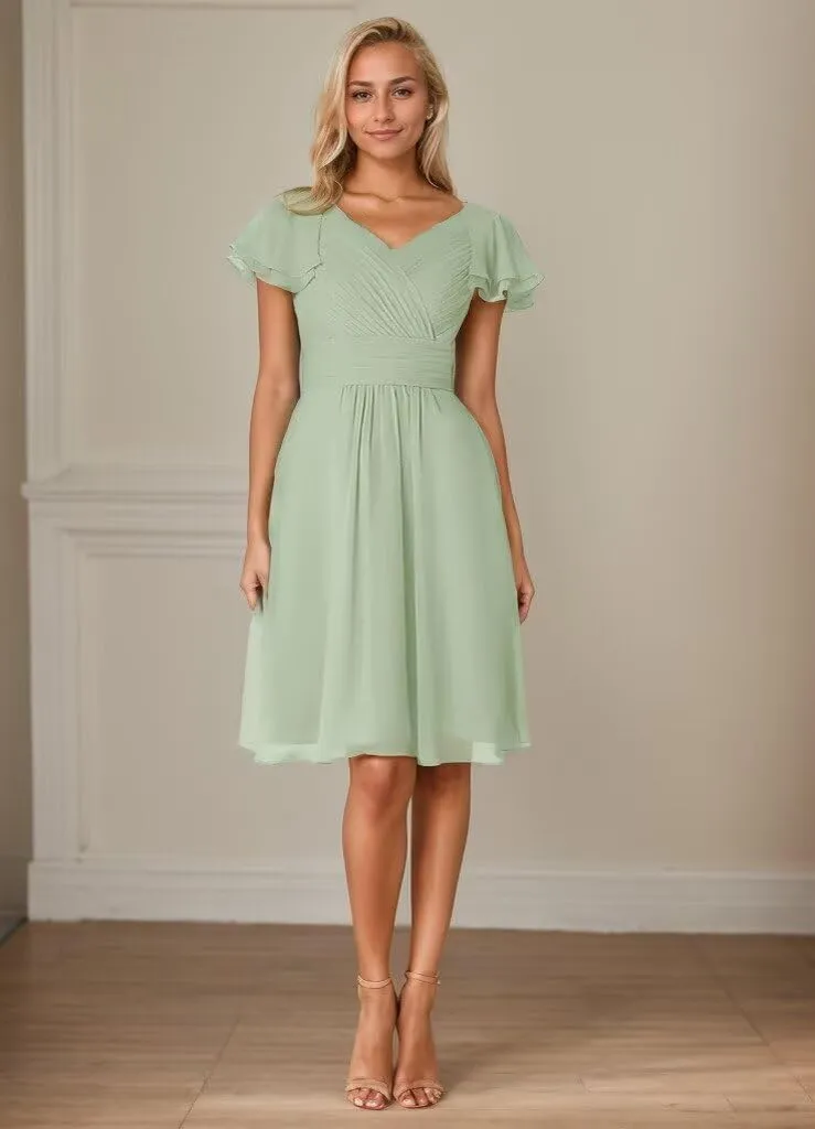 Zoghoo V Neck Bridesmaid Dresses for Women Short Wedding Guest Dress with Sleeves Chiffon Formal Gown