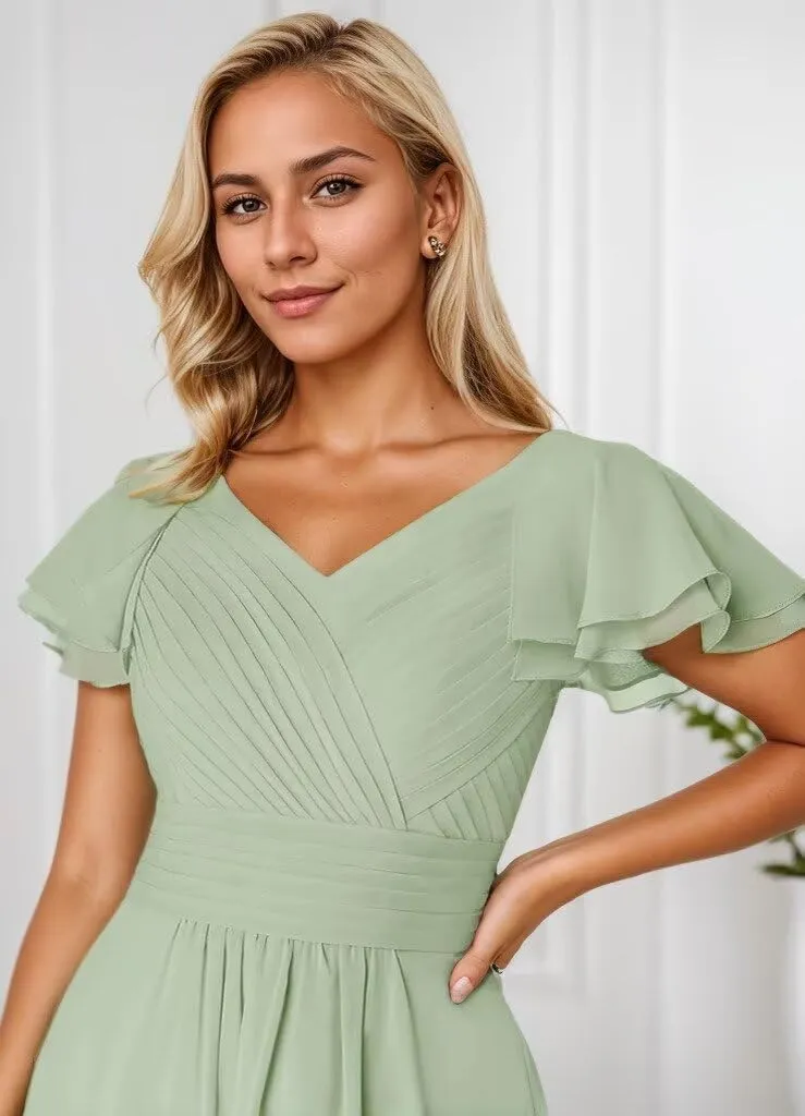 Zoghoo V Neck Bridesmaid Dresses for Women Short Wedding Guest Dress with Sleeves Chiffon Formal Gown