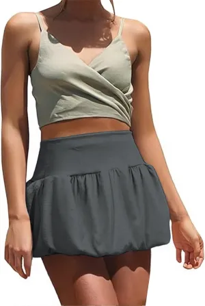 ZYXTIM Bubble Skirts for Women Elastic High Waisted Ruffle Hem A Line Balloon Skirt Petite Slim Fit Solid Y2k Cute Mini Dress